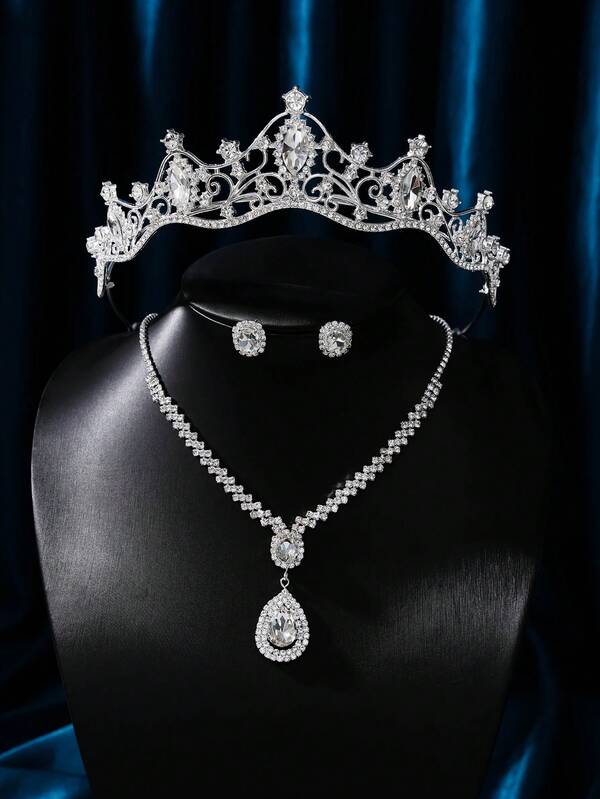 Royal Rhinestone Decor Bridal Headwear & Jewelry Set Elegant Tiaras