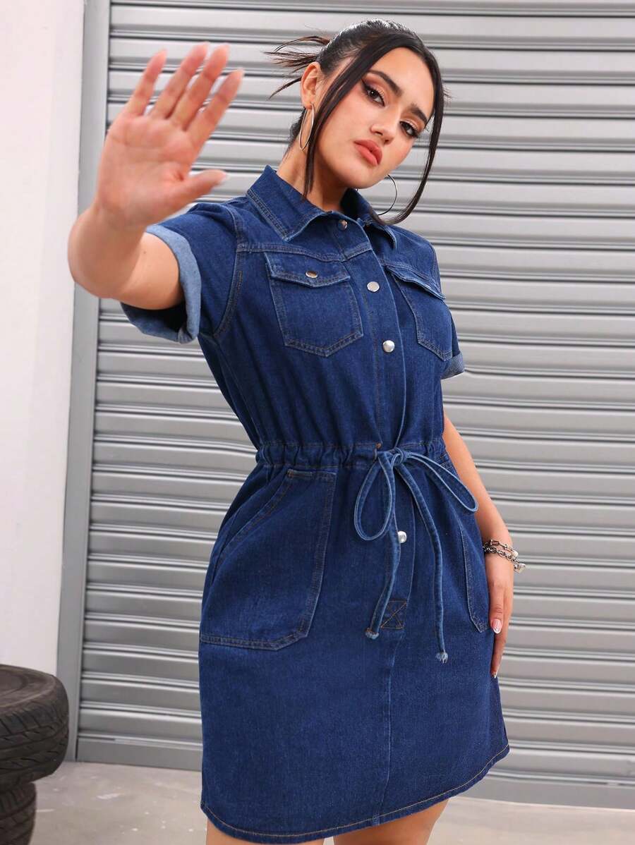 Women's Casual Denim Dress For Spring, Summer And Autumn - Dark Wash - View 1