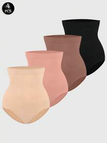 4pcs Solid Color Seamless High-Waisted Tummy Control Butt Lifter Women's Underwear