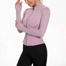 Women's Sport Jacket Lightweight Full Zip Up Yoga Jacket,Suitable For Outdoor Activities,Slim Fit Workout Gym Running With Thumb Holes, Solid Color Stand Collar Sports Tops, Slim Fit Yoga Outerwear, Women's Sportswear Workout Clothing For Indoor Outdoor Wear - Hồng - Xem 2