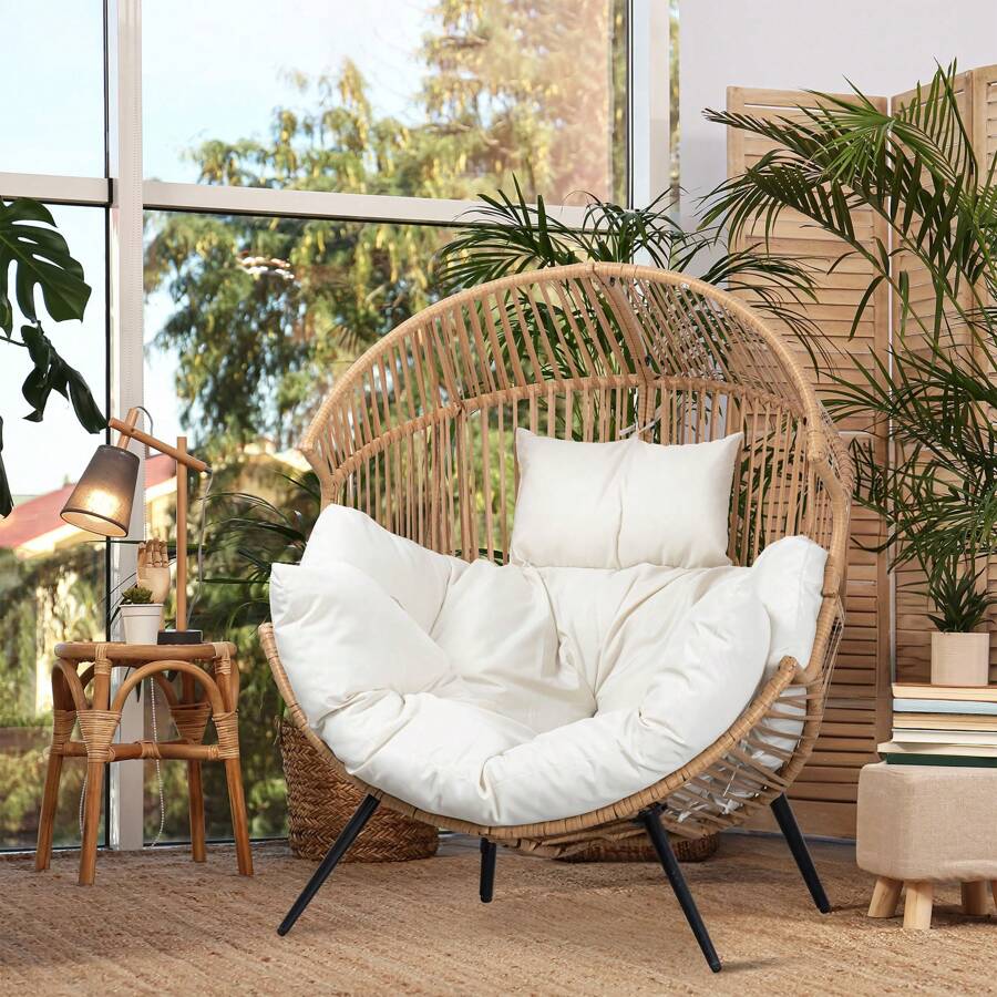 JAMFLY Egg Chair Outdoor Wicker Patio Chair, Oversized Lounger Chair With Cushion Egg Basket Chair For Indoor Living Room Bedroom Outside Patio Backyard Balcony - White - View 1