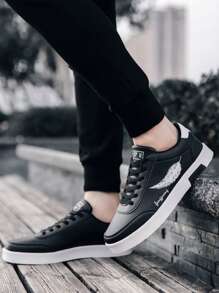 Zapatillas de deporte de los hombres simples del patrón de la pluma, tenis de la pareja - Negro - Ver 5