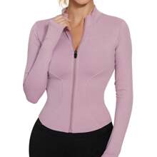 Women's Sport Jacket Lightweight Full Zip Up Yoga Jacket,Suitable For Outdoor Activities,Slim Fit Workout Gym Running With Thumb Holes, Solid Color Stand Collar Sports Tops, Slim Fit Yoga Outerwear, Women's Sportswear Workout Clothing For Indoor Outdoor Wear - Hồng - Xem 1