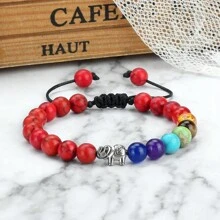 魅力大象吊墜手鍊，串珠手編手鍊，黑白天然石首飾男女禮物 - 彩色 - 查看 3