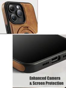 手机支架复古 PU 皮革磁性手机壳适用于 16 15 14 Plus 13 12 Pro Max - 带隐形指环支架支持无线充电防水防震防摔防刮 - 棕色 - 查看 7