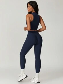 MASKERT 女士瑜伽健身高弹舒适亲肤紧身裤 - 藏蓝色 - 查看 7