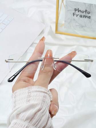 1pc Retro Minimalist Metal Frameless Square Black Leg Unisex Multifunctional Fashion Non-Prescription Glasses, Suitable For Business, Office, Visiting, Daily Wear