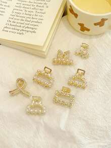 7pcs 2.5cm Elegant Pearl Hair Claw Clips Set For Half Bun/Hair Twist, Mini Hairpins For Nape, Bangs, Fringes, Side Bangs And Hair Accessories - Gold - View 2