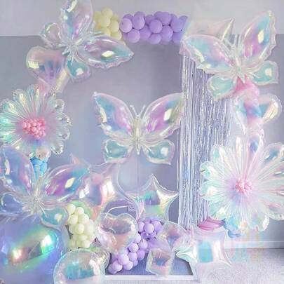 2/4 Peças Balões Transparentes Coloridos Brilhantes com Efeito Laser de Borboleta, Balões de Borboleta Grandes e Médios Brancos de Pérola Falsa com Glitter para Decorações de Festa de Aniversário, Casamentos, Solteiros, Aniversários com Tema de Borboleta