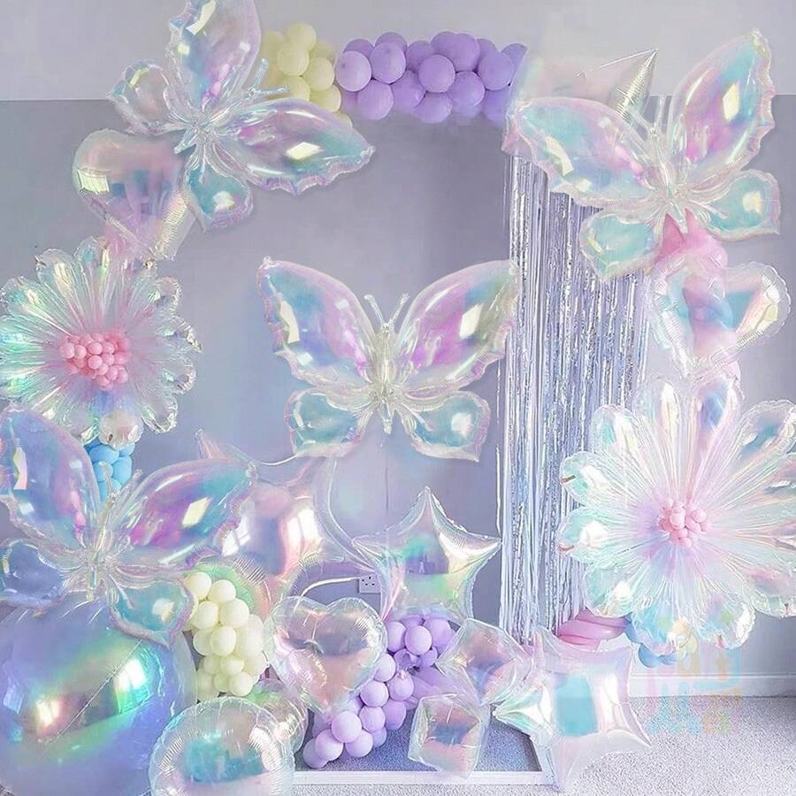 2/4 件炫彩透明激光蝴蝶铝箔气球，仿珍珠白大号和中号闪光蝴蝶气球，适用于蝴蝶主题生日派对、婚礼、单身派对、周年纪念装饰，