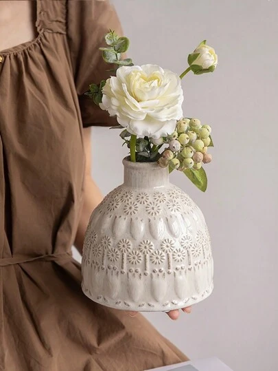 1 件陶瓷蒲公英花瓶 - 几何图案，日式风格，圆柱形，适用于家庭装饰、客厅、卧室和早餐插花 - 装饰性白色花瓶，适用于水培和干花