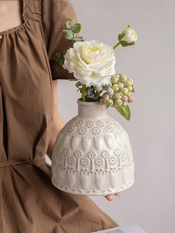 1pc Ceramic Dandelion Vase - Geometric Pattern, Japanese Style, Cylindrical Shape, Suitable For Home Decor, Living Room, Bedroom And Floral Arrangements For Breakfast - Decorative White Vase For Hydroponics And Dry Flowers Gifts Birthday Graduation