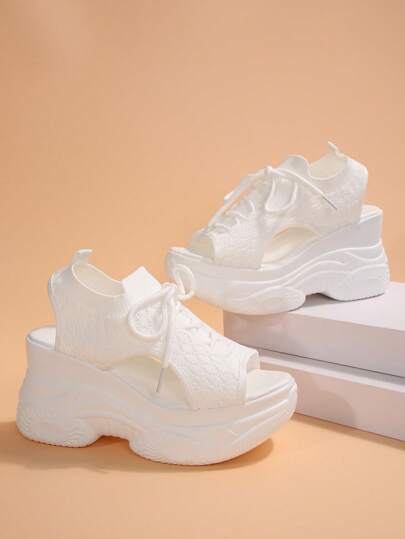 Women's Thick-Soled Wedge Heel Lace-Up Sandals, Comfortable, Solid-Colored, Fashionable, Casual, New Style, Anti-Slip Sports Sole For Summer