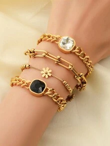 RAYQUEEN Stainless Steel Chain Necklace + Bracelet Set, Hip-Hop Street Style Design, Suitable For Daily Wear - Necklace + Bracelet Set - View 5