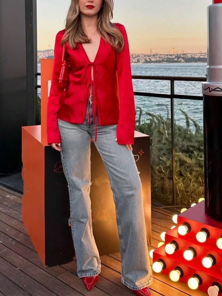 春夏Y2K女装时尚修身蝴蝶结缎面红色衬衫假日装扮毕业季上衣优雅派对上衣沙滩度假女装外套上衣 - 紅色 - 查看 1