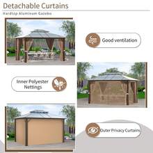 AOXUN 10x12FT Outdoor Polycarbonate Gazebo, Heavy Duty Double Roof Hardtop Gazebo With Aluminum Frame And Netting And Curtains For Patios - Brown - View 5
