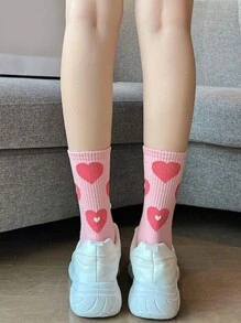 5雙隨機粉色時尚女大學風舒適透氣中筒襪，印有英式心形和草莓圖案 - 彩色 - 查看 5