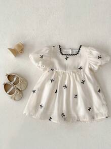 嬰幼女童蕾絲領絨短袖刺繡公主裙，夏季 - 杏色 - 查看 1