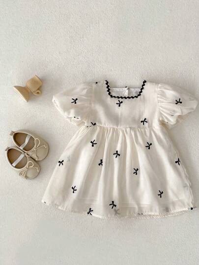 嬰幼女童蕾絲領絨短袖刺繡公主裙，夏季