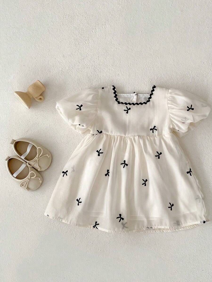 嬰幼女童蕾絲領絨短袖刺繡公主裙，夏季 - 杏色 - 查看 1