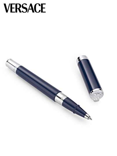 Versace Olympia Ballpoint Pen With Fine Tip,Twist Mechanism With Greca And Medusa Engraved,Stainless Steel,Silver/Blue VRR801523 Back To School