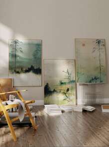 3 件/套无框帆布海报、日本艺术版画、日本装饰、山景壁画、极简主义壁画、风景、绿色壁画 - 彩色 - 查看 1