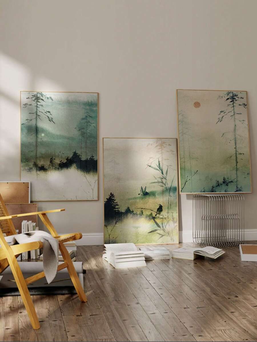 3 件/套无框帆布海报、日本艺术版画、日本装饰、山景壁画、极简主义壁画、风景、绿色壁画 - 彩色 - 查看 1