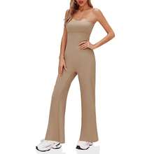 BZB Women's Strapless Ribbed Flare Jumpsuits One Piece Tube Top Casual Long Pants Rompers - Khaki - View 4