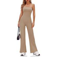 BZB Women's Strapless Ribbed Flare Jumpsuits One Piece Tube Top Casual Long Pants Rompers - Khaki - View 5