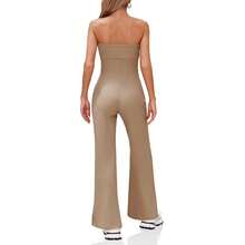 BZB Women's Strapless Ribbed Flare Jumpsuits One Piece Tube Top Casual Long Pants Rompers - Khaki - View 2