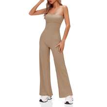 BZB Women's Strapless Ribbed Flare Jumpsuits One Piece Tube Top Casual Long Pants Rompers - Khaki - View 3