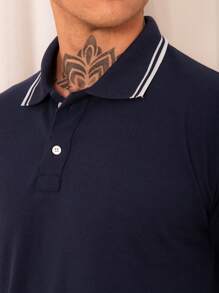 Lucky Star Modas Men's Striped Polo Shirt Piquet Knit - Navy Blue - View 5