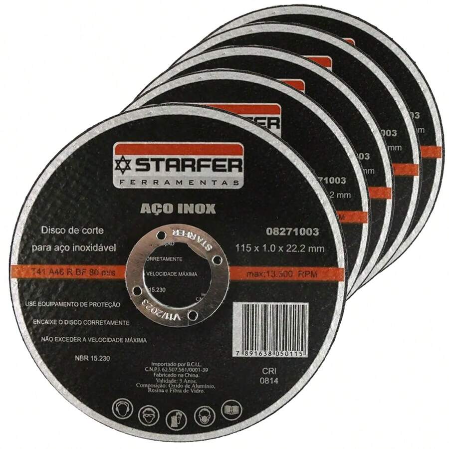 Kit 5 Discos de Corte Fino Aço Inox 4.5 x 7/8 Esmerilhadeira Ferro Metal Starfer - Preto - Visão 1