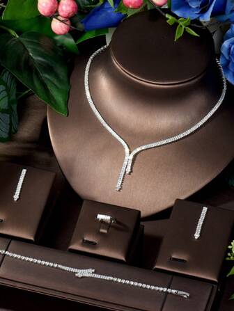 1 Set Vintage Cubic Zirconia Square Chain Jewelry Set For Women, Suitable For Weddings