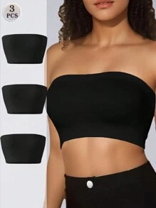 3 piezas/Set Sujetador tubo de unicolor para mujer, Sujetador sin costuras y sin aros, Camiseta interior sin tirantes, cómoda lencería femenina