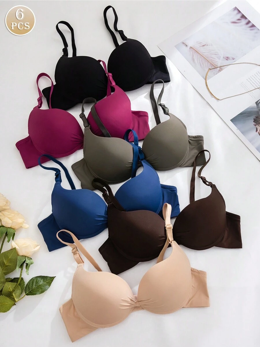 6pcs Women's Removable Strap Bras With Bowknot Decor And Underwire
