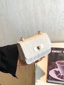 新款迷你方形女士包，配有菱形網孔和高品質縫製，編織鍊肩背包，蓋子手抓包，可愛的斜挎包配件