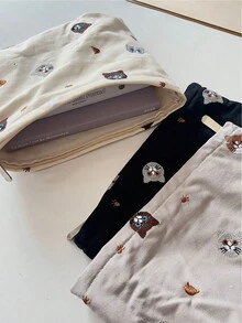 刺繡貓帆布袋，復古收納袋，化妝袋，拉鍊手提包 - 彩色 - 查看 9