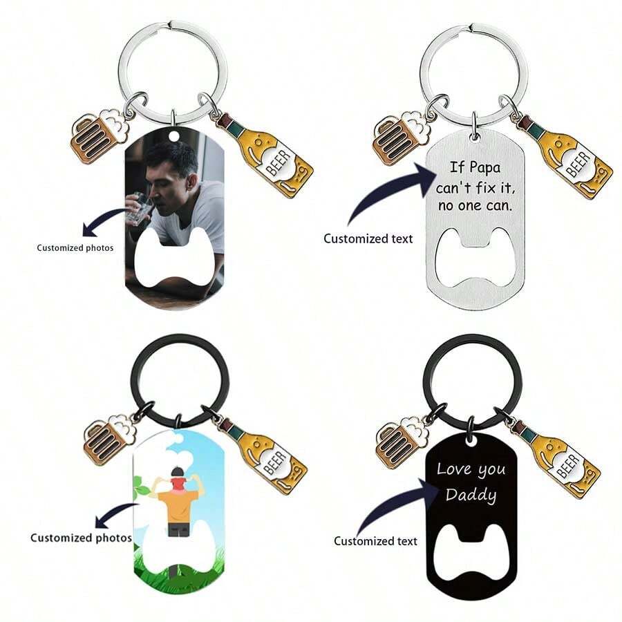 1pc Custom Metal Keychain With Beer Bottle Opener Function, Stainless Steel Material, Can Be Personalized With Text And Photo, Great Gift For Father Or Beer Lover Friend Gifts Birthday Graduation - Black - View 1