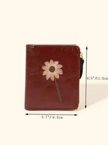 Cartera de mujer con bordado floral, ventana para tarjeta de crédito pequeña y plegable en tres partes, ligera y portátil, de estilo minimalista y moderno, ideal como regalo de aniversario, San Valentín, cumpleaños, maestros, para mujeres, niñas, damas, con diseño de hibisco - Burdeos - Ver 4