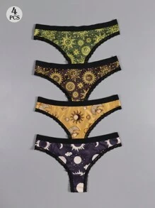 Dircho 4条装性感可爱哥特风女士撞色蕾丝丁字裤，万圣节太阳、月亮、星星和星系印花舒适丝滑内衣，女士内衣裤 - 彩色 - 查看 1
