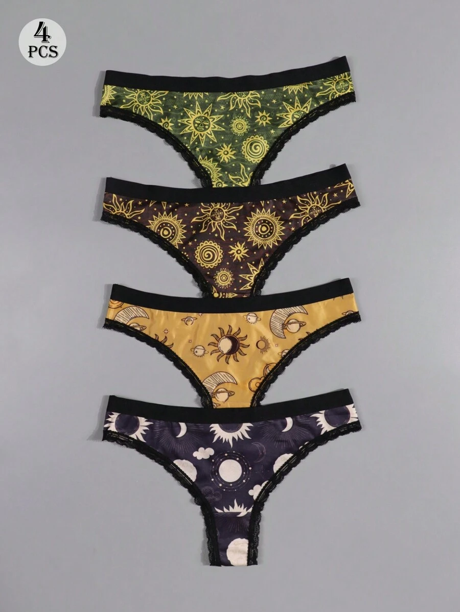 Dircho 4条装性感可爱哥特风女士撞色蕾丝丁字裤，万圣节太阳、月亮、星星和星系印花舒适丝滑内衣，女士内衣裤 - 彩色 - 查看 1