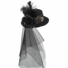 Steampunk Mini Top Hat With Gear Accessories, Lolita Net Veil Dark Floral Party Performance Decor Hat - Black - View 5