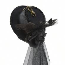 Steampunk Mini Top Hat With Gear Accessories, Lolita Net Veil Dark Floral Party Performance Decor Hat - Black - View 6