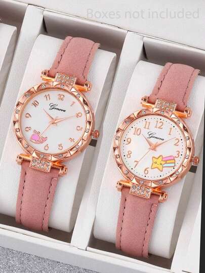 2pcs Girls Cute Watch Set, Fashionable And Elegant Alloy Wristwatch With Silicone Strap, Quartz Watch For Couples/Parent-Child, Children's Day Gift