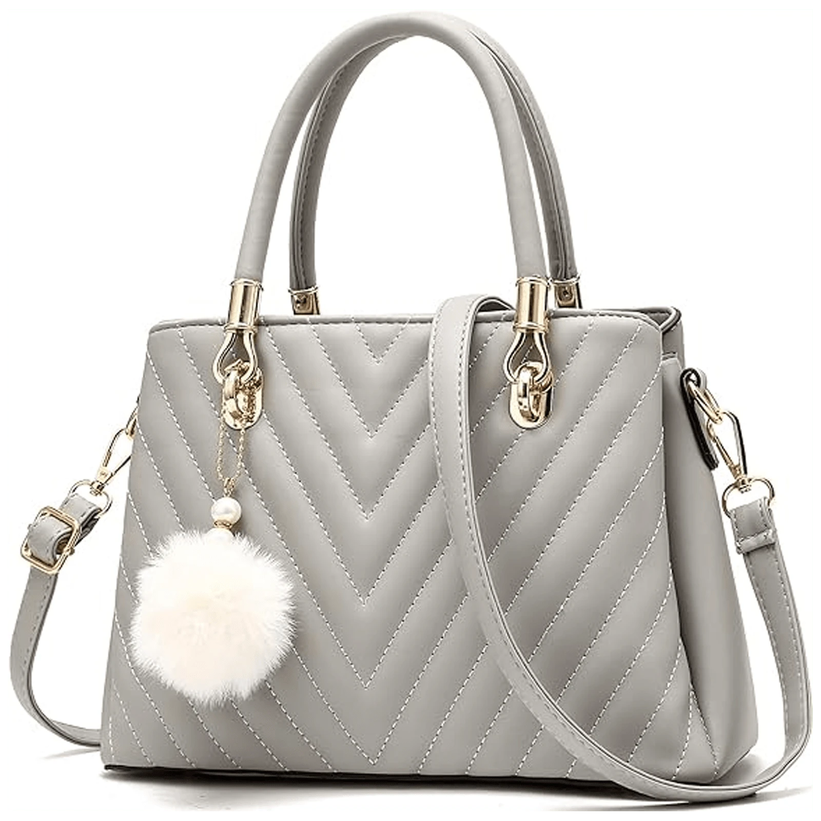 Womens Fashion Leather Handbags Quilted Purses Top-Handle Totes Satchel Bag For Ladies Shoulder Bag For Women With Pompom