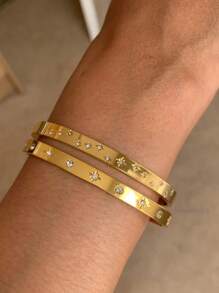 1只18K黃金天文手環金手鐲|鍍金手鐲|太陽星星雕刻手鐲|經典疊搭手鐲 - 金黃色 - 查看 8