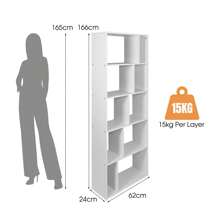 5-Tier Bookshelf, Bookcase Display Shelf, Wood Organizier W/ 10 Compartments, Floor Standing Room Divider, Freestanding Open Storage Rack For Home Study Living Room, White - White - View 3