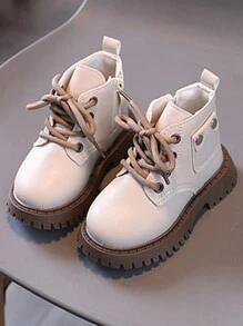 2024 Botas nuevas de primavera/otoño para niños y niñas, botas de piel para niños, botas acolchadas para bebés, estilo coreano - Beis - Ver 2