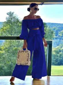 Conjunto Top De Hombro Descubierto Con Mangas Holgadas Y Pantalones Anchos De Pierna Para Mujer - Azul - Ver 3